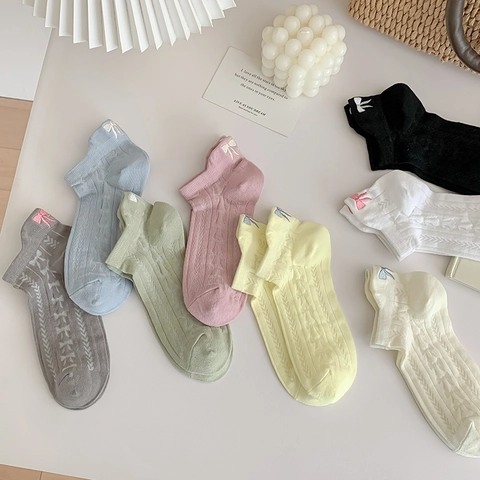 Women Cotton Ankle Socks With Bowknot Embroidery Breathable Mesh Ribbed Knit Low Cut Casual Sweet Style