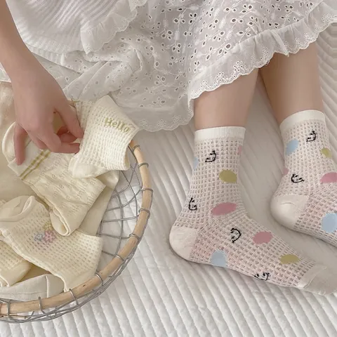 Calzini Crew Donna Cotone Mesh Traspirante Estate Sorriso Fiore Ricamo Pois Stile Giapponese Preppy Bianco