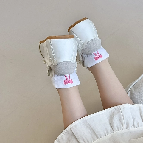 Women Cotton Ankle Socks With Bowknot Embroidery Breathable Mesh Ribbed Knit Low Cut Casual Sweet Style