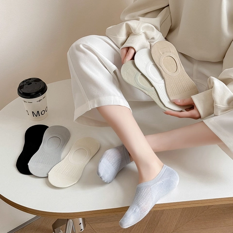 Women Invisible No Show Socks Combed Cotton Breathable Mesh Anti Slip Silicone 200N Low Cut Thin Liner Summer