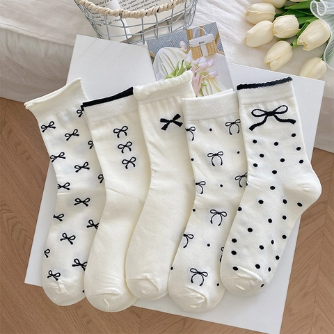 Women's Cotton Crew Socks With Black Bows And Polka Dots Breathable Sweet Japanese Style Mid Calf Socks For Girls