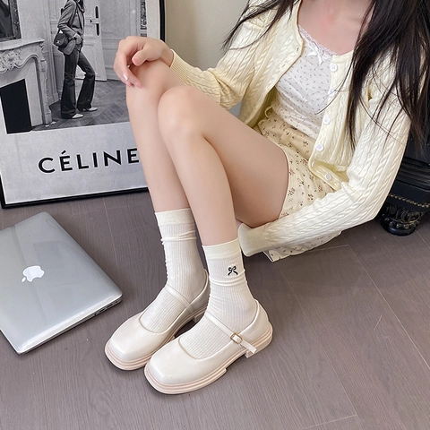 Calcetines Media Pantorrilla Mujer Algodón Punto Canalé Bordado Lazo Estilo Ballet Suave Transpirable Color Sólido