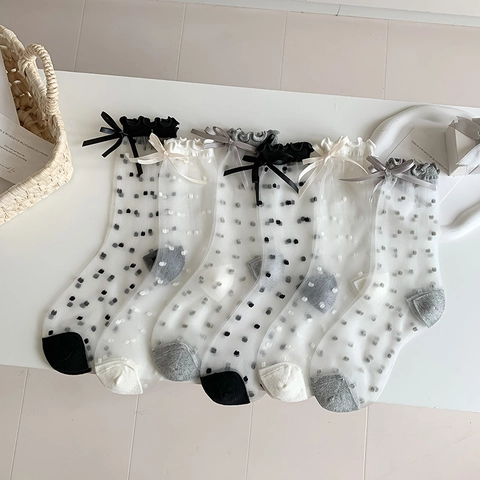 Women Mesh Crew Socks Sheer Polka Dot Polyamide Ruffle Trim Ribbon Bow Sweet Summer Transparent Breathable