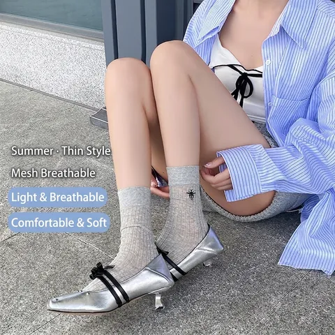 Chaussettes Cotelées En Coton Pour Femmes Respirantes Mi Mollet Genou Noeud Papillon Broderie Abeille Preppy Trendy Chic