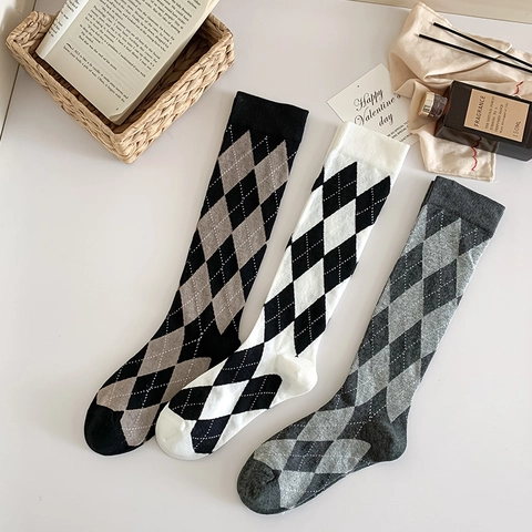 Calze Argyle In Cotone Da Donna Polpaccio Ginocchio Stile Preppy Retro JK Uniforme Traspirante Morbido