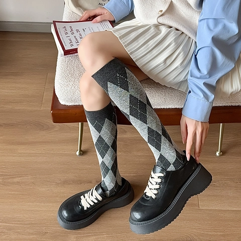 Calze Argyle In Cotone Da Donna Polpaccio Ginocchio Stile Preppy Retro JK Uniforme Traspirante Morbido