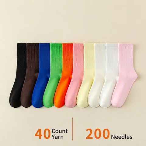 Damen Crew Socken Gekämmte Baumwolle Gerippt Nahtlose Zehe Einfarbig Atmungsaktiv Lässig Mittelhoch