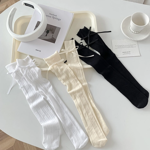 Damen Wadenhohe Crew Socken Nylon Netz Atmungsaktiv Schleife Dekor Lolita Preppy Stil Dünne Sommerstrumpfwaren