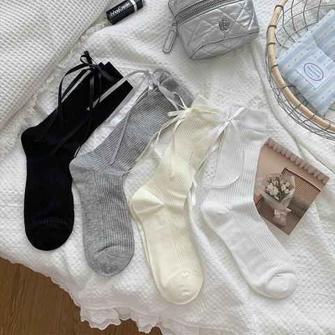 Damen Baumwollmischung Gerippte Crew Socken Mit Bandschleife Balletcore Süße Japanische Stil Atmungsaktiv Wadenhoch
