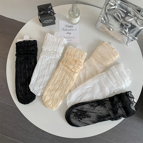 Chaussettes En Dentelle Pour Femmes Broderie Florale Bordure À Volants Respirantes Style Ballet Doux