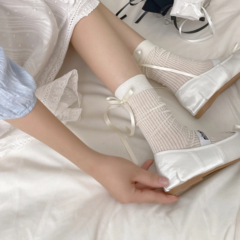 Damen Baumwollmischung Gerippte Crew Socken Mit Bandschleife Balletcore Süße Japanische Stil Atmungsaktiv Wadenhoch