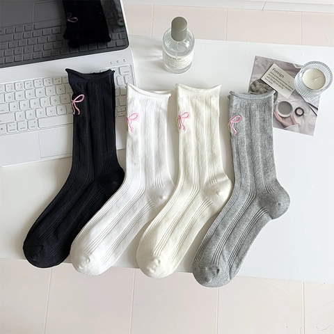 Women Cotton Slouch Socks Sweet Bow Embroidery Ribbed Mid Calf Breathable Soft Rolled Edge Fashion Daily Wear