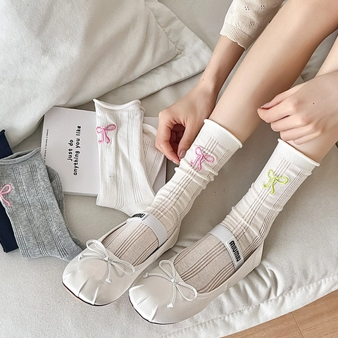 Women Cotton Slouch Socks Sweet Bow Embroidery Ribbed Mid Calf Breathable Soft Rolled Edge Fashion Daily Wear