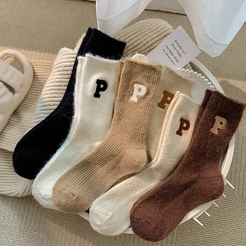 Calcetines De Mujer Mezcla De Lana Gruesos Cálidos Invierno Térmicos Bordado De Letras Color Sólido Punto Canalé Estilo Japonés