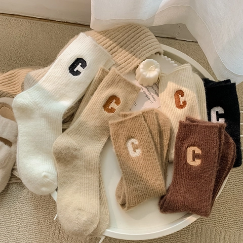 Women Winter Crew Socks Wool Blend Thickened Warm Thermal Ribbed Knit Embroidered Letter Japanese Style Solid Color