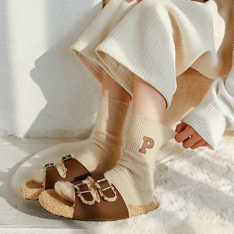 Calcetines De Mujer Mezcla De Lana Gruesos Cálidos Invierno Térmicos Bordado De Letras Color Sólido Punto Canalé Estilo Japonés