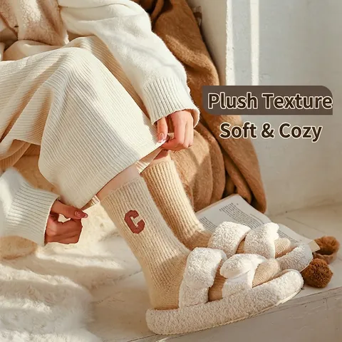 Women Winter Crew Socks Wool Blend Thickened Warm Thermal Ribbed Knit Embroidered Letter Japanese Style Solid Color
