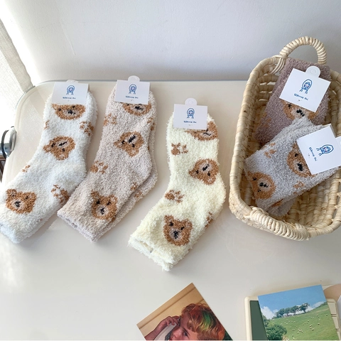 Dames Koraal Fleece Huissokken Dikke Warme Pluizige Halverwege De Kuit Cartoon Beer Winter Slaapsokken