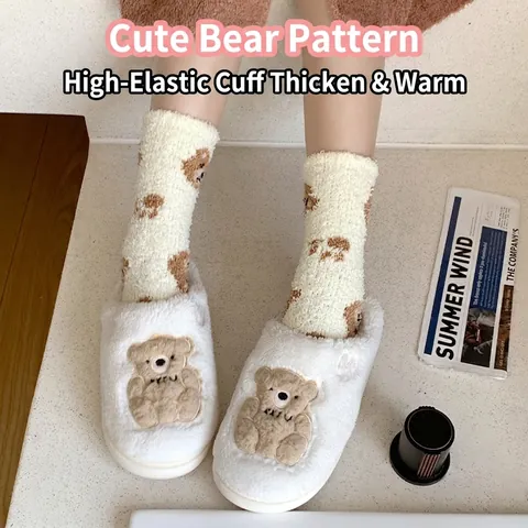Dames Koraal Fleece Huissokken Dikke Warme Pluizige Halverwege De Kuit Cartoon Beer Winter Slaapsokken