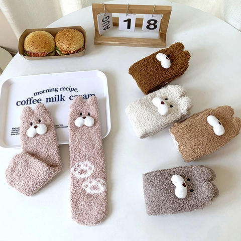 Calcetines Invierno Mujer Gruesos Cálidos Vellón Coral Oso 3D Huellas Interior Casa Suave Cómodo Kawaii
