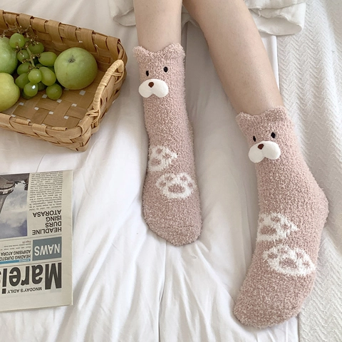 Calcetines Invierno Mujer Gruesos Cálidos Vellón Coral Oso 3D Huellas Interior Casa Suave Cómodo Kawaii