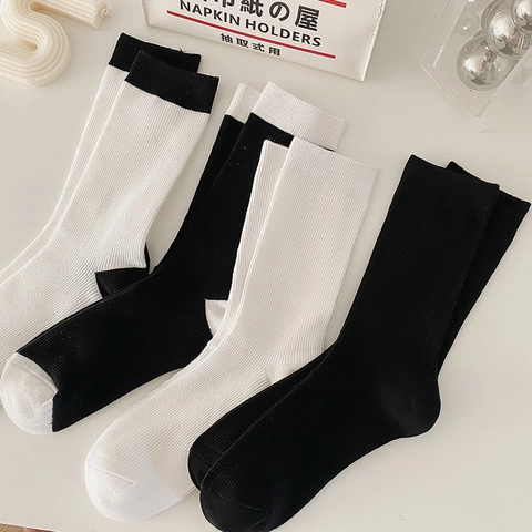 Calcetines De Media Pantorrilla Mujer Mezcla De Algodón Punto Canalé Transpirables Color Sólido Minimalista Negro Blanco Casual