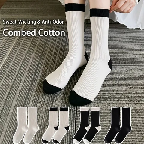 Calcetines De Media Pantorrilla Mujer Mezcla De Algodón Punto Canalé Transpirables Color Sólido Minimalista Negro Blanco Casual