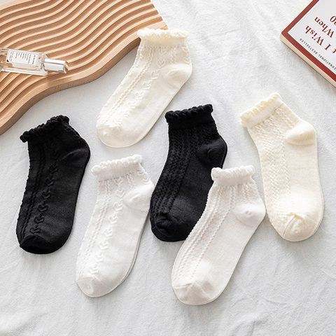 Chaussettes Courtes Femme Coton Mélangé Bordure À Volants Jacquard Cœur Rayures Verticales Doux Respirant Style Japonais