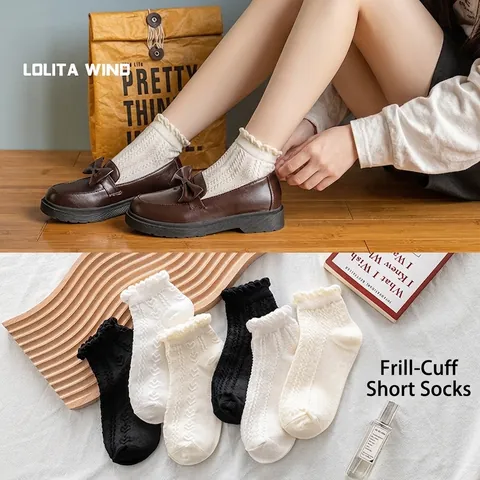 Chaussettes Courtes Femme Coton Mélangé Bordure À Volants Jacquard Cœur Rayures Verticales Doux Respirant Style Japonais