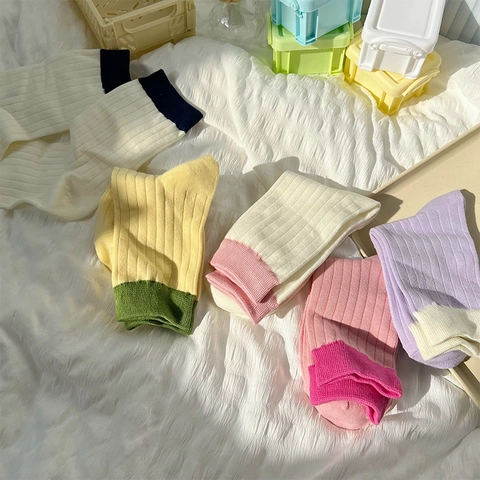 Women Crew Socks Combed Cotton Blend Ribbed Knit Color Block Contrast Cuffs Japanese Style Candy Color Casual
