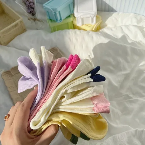 Women Crew Socks Combed Cotton Blend Ribbed Knit Color Block Contrast Cuffs Japanese Style Candy Color Casual