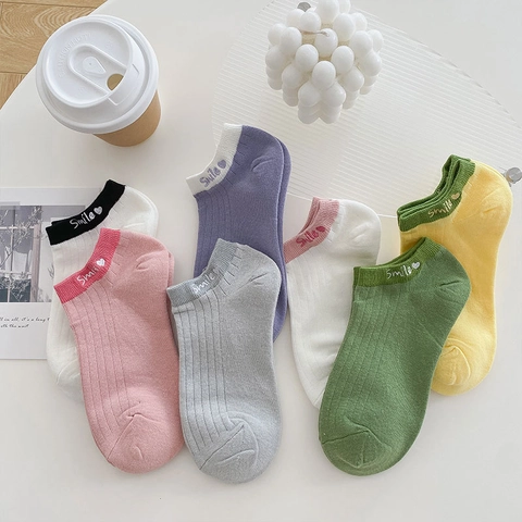 Damen Baumwolle No Show Socken Smile Buchstaben Stickerei Atmungsaktiv Rippstrick Knöchelsocken Lässig Unsichtbarer Stil