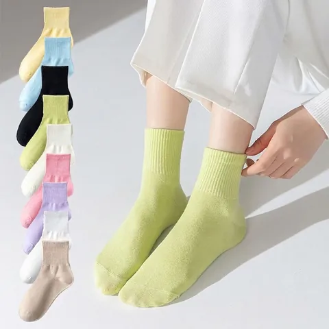 Women Crew Socks Solid Candy Color Cotton Blend Breathable Ribbed Cuffs Casual Daily Sports Minimalist Soft Comfortable
