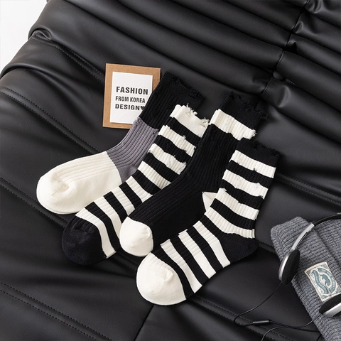 Calze Al Polpaccio Donna Righe Strappate Misto Cotone Streetwear Punk Harajuku Moda