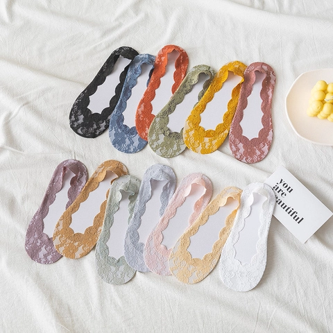 Chaussettes Invisibles Femmes Respirant Dentelle Satin Glacée Coupe Basse Silicone Antidérapant Sans Couture Mince Couleur Unie