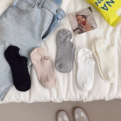 Women Invisible Boat Socks Cotton Ribbed Non-slip Silicone Thin Breathable Shallow Mouth Ankle Socks Japanese Style