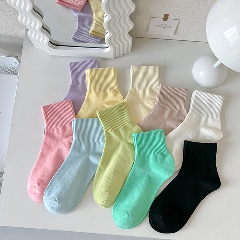 Dames Crew Sokken Katoenmix Geribbelde Manchetten Ademend Zacht Effen Kleur Snoepkleuren Casual Mode Voor Meisjes