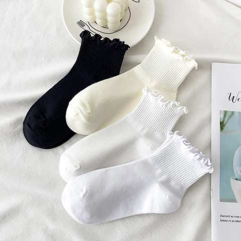 Women Socks Cotton Ruffle Edge Lettuce Trim Ribbed Japanese Style Sweet Casual Crew Length Solid Color Breathable