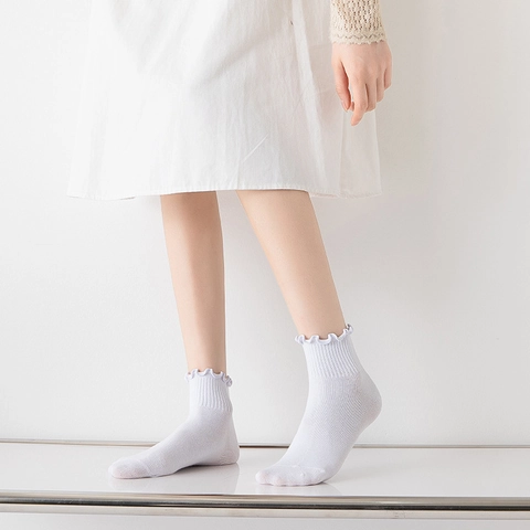 Women Socks Cotton Ruffle Edge Lettuce Trim Ribbed Japanese Style Sweet Casual Crew Length Solid Color Breathable