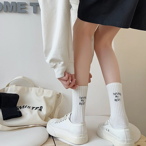 Chaussettes Mi-Mollet Brodées Mélange De Coton Côtelé Respirant Athlétique Minimaliste Pour Femmes