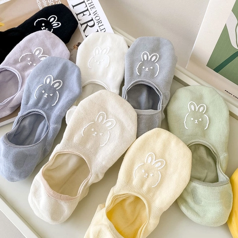Women No Show Socks Cotton Blend Invisible Boat Socks Anti-slip Silicone Grip Cute Rabbit Embroidery Low Cut Thin Breathable
