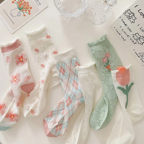 Damen Crew Socken Baumwollmischung Mesh Atmungsaktiv Rüschenbündchen Florales Tulpenmuster Süßer Ins Stil