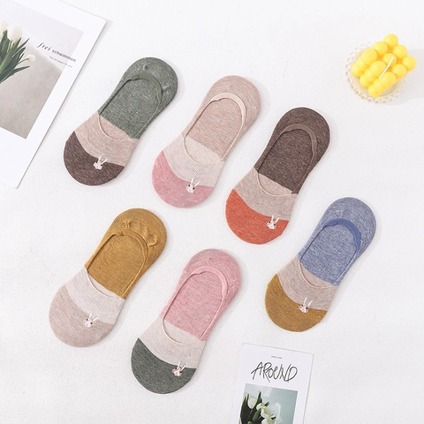 Chaussettes Invisibles Femmes Mélange Coton Broderie Lapin Talon Silicone Antidérapant Color-Block Coupe Basse