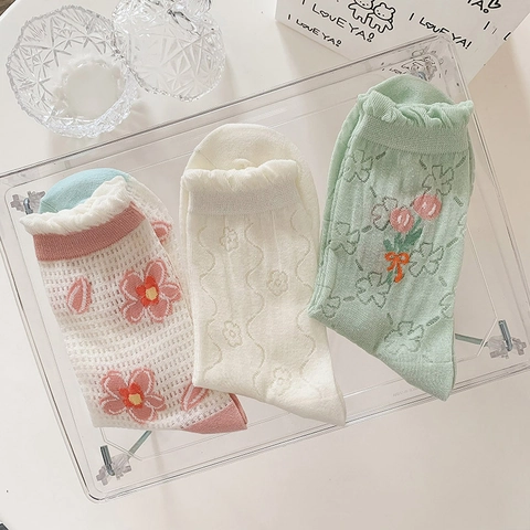 Damen Crew Socken Baumwollmischung Mesh Atmungsaktiv Rüschenbündchen Florales Tulpenmuster Süßer Ins Stil