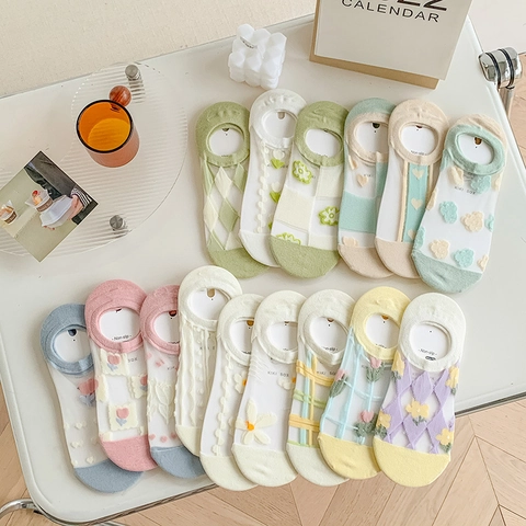Women Invisible Boat Socks Sheer Mesh Crystal Satin Cotton Sole Non Slip Floral Embroidery Breathable Summer Thin No Show