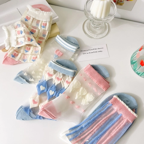 Calze Al Polpaccio In Rete Trasparente Da Donna Traspirante Nylon Estate Dolce Ricamo Cuore Fiore Stile Kawaii