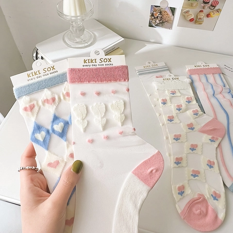 Calze Al Polpaccio In Rete Trasparente Da Donna Traspirante Nylon Estate Dolce Ricamo Cuore Fiore Stile Kawaii