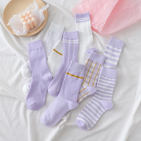 Calze Al Polpaccio Donna Misto Cotone Viola Bianco Righe Quadri Maglia A Trecce Morbido Elastico Stile College