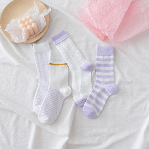 Calze Al Polpaccio Donna Misto Cotone Viola Bianco Righe Quadri Maglia A Trecce Morbido Elastico Stile College