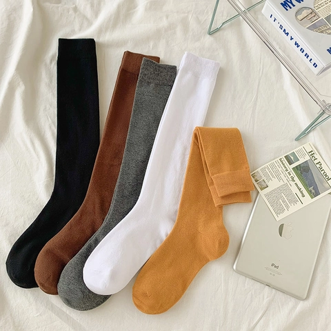 Women Calf High Socks Cotton Blend Solid Color Elastic Ribbed Cuffs Japanese School Style Soft Breathable Versatile
